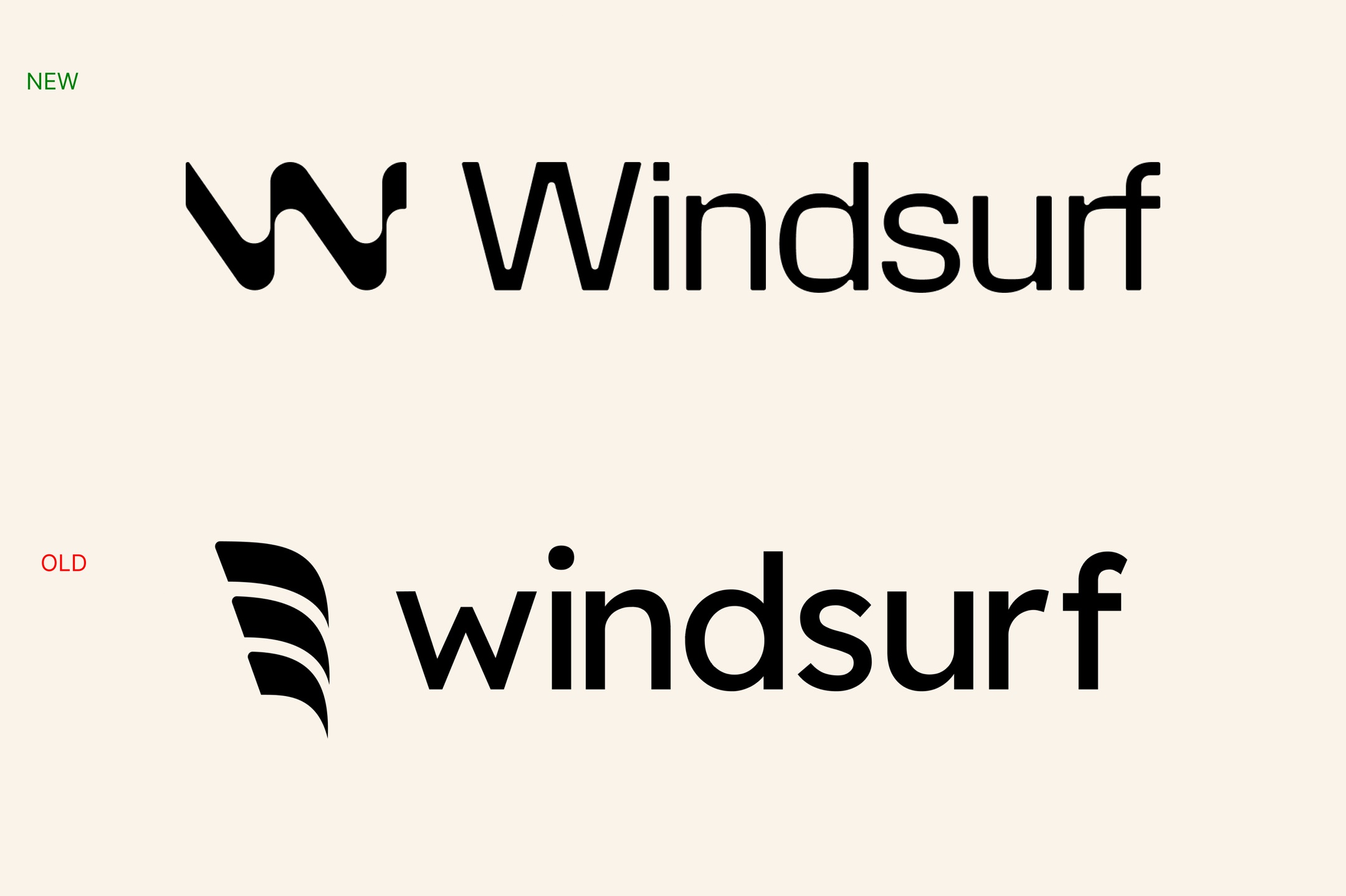 Porównanie starego i nowego logo Windsurf